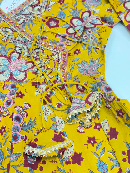 Pure Cotton Mustard Yellow Jaipuri Floral Printed Angrakha Anarkali Kurta Set with Pants & Dupatta (3-Piece)