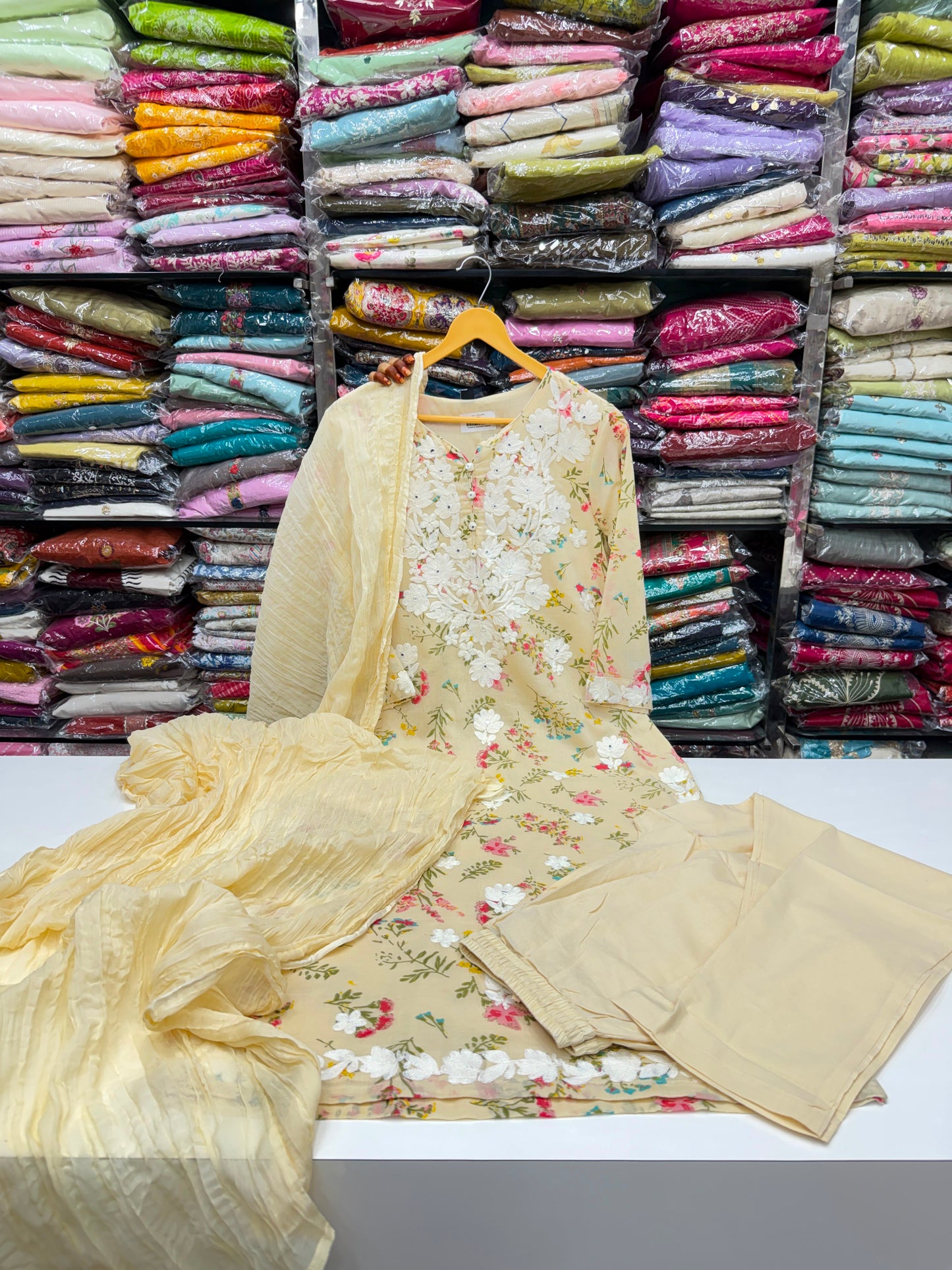 Cotton Floral Printed Kurta Set with Lucknowi Chikankari Embroidery & Dupatta (3-Piece)