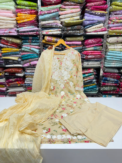 Cotton Floral Printed Kurta Set with Lucknowi Chikankari Embroidery & Dupatta (3-Piece)