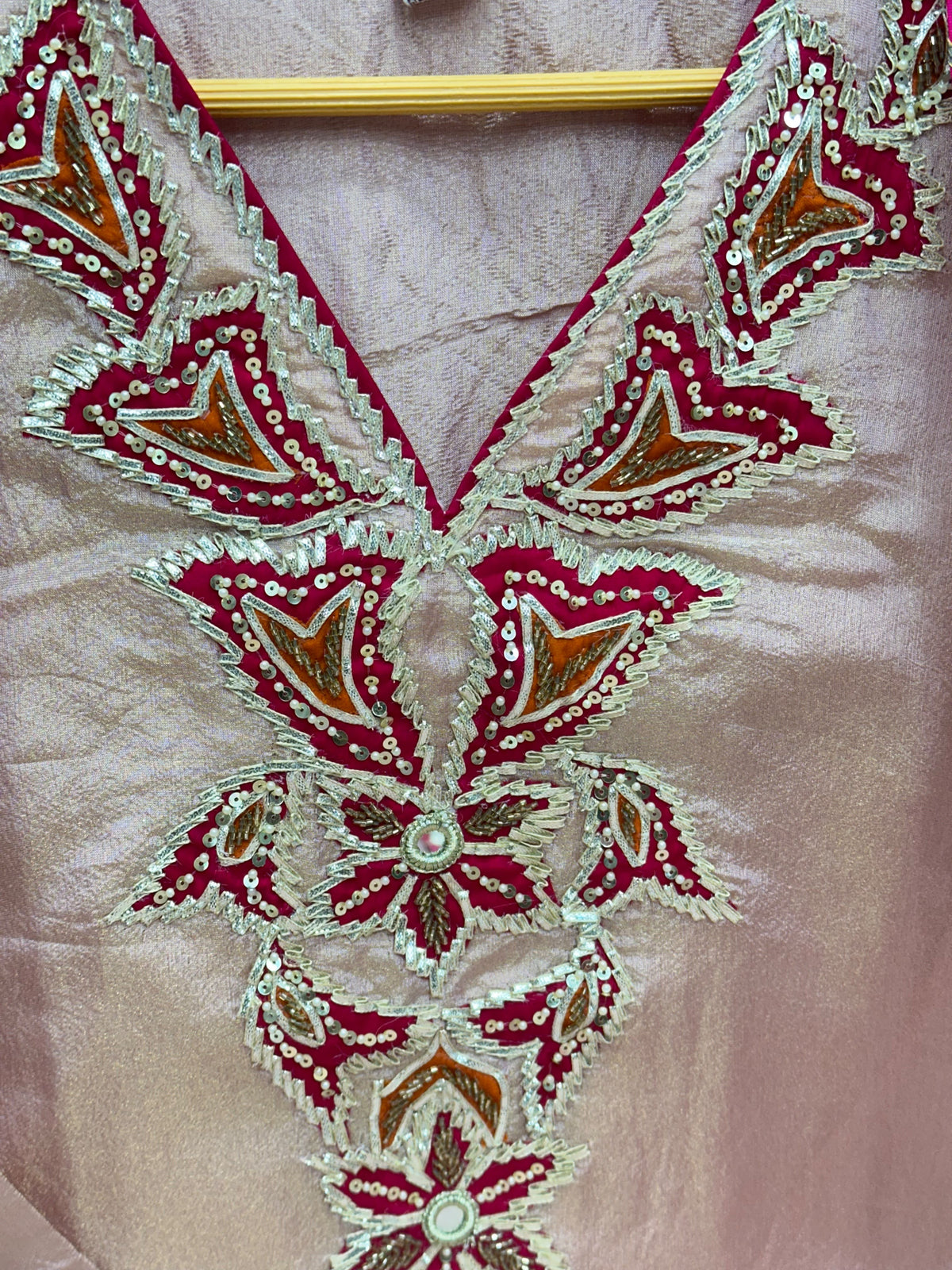 Rose Gold & Green Gold Tissue Kurta Set with Pure Cotton Lining & Handwork