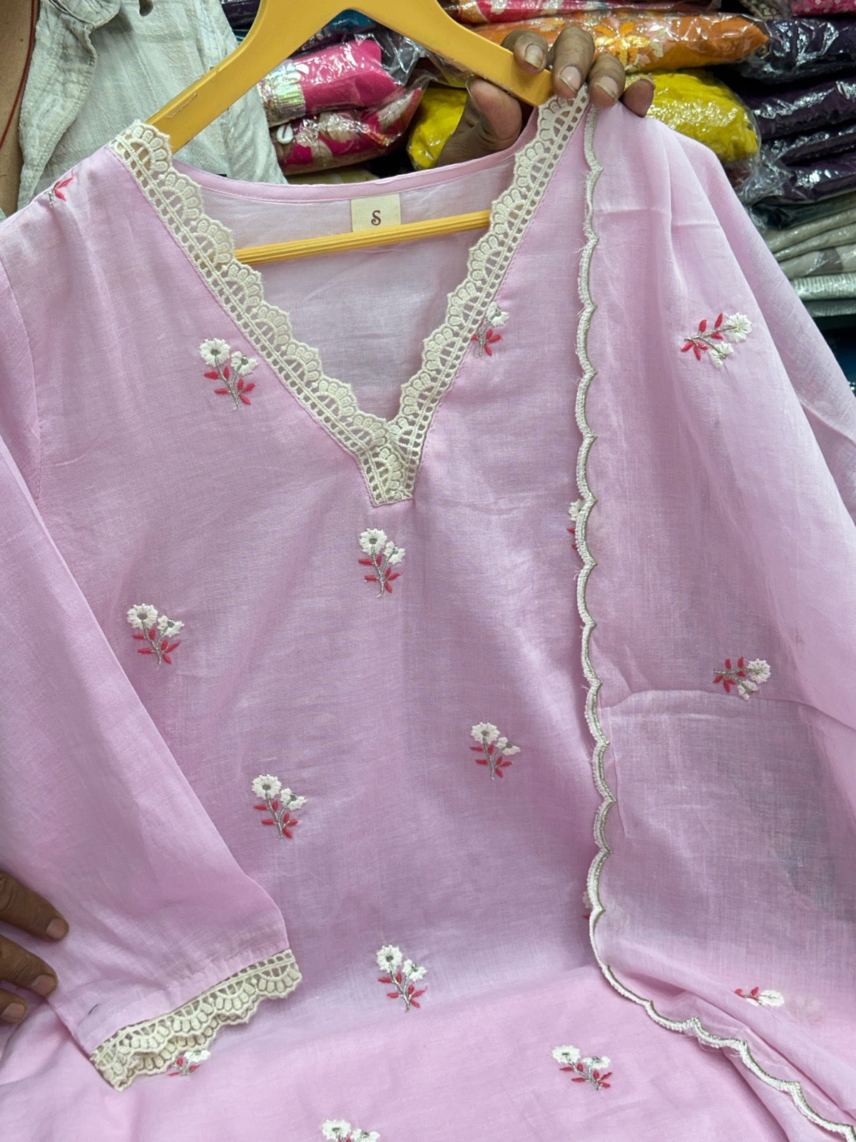 Pure Mul Cotton Embroidered Kurta Set with Lace Work Dupatta & Pants in Pastel Colours