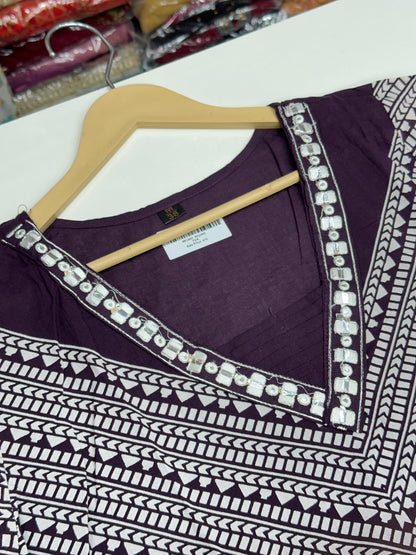 Women's Pure Cotton Geometric Print 3-Piece Kurta Set with Thread Work V-Neck, Loose Pants and Dupatta RR1495