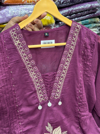 Pure cotton 3 piece kurta set with thread work detailing and hand painted dupatta