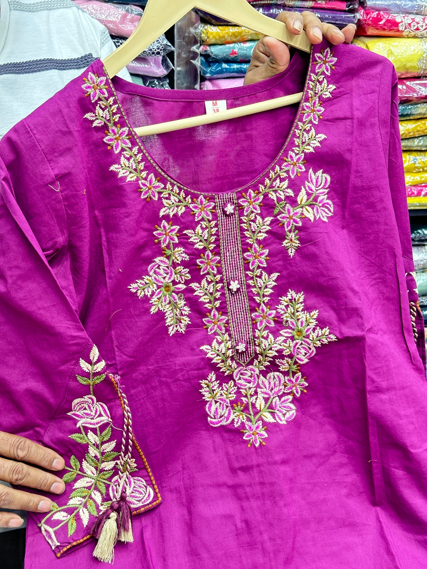 Soft Cotton Semiformal Straight Suit with Heavy Embroidery work on sleeves & Border and bottom