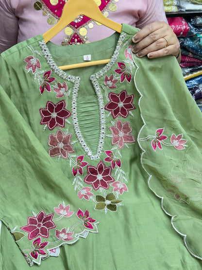 Mul Chanderi Short Kurti with Garara Set – Designer Aplic & Thread Work Party Wear Three-Piece Kurta Set