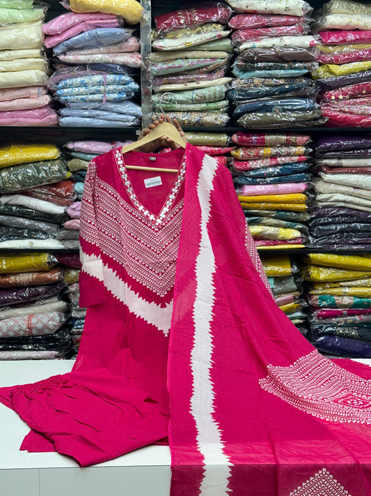 Women's Pure Cotton Geometric Print 3-Piece Kurta Set with Thread Work V-Neck, Loose Pants and Dupatta RR1495