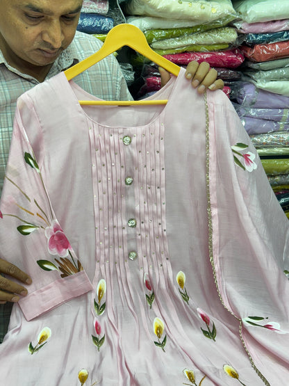 Hand-Painted Mul Chanderi A-Line Kurta Set with Mul Cotton Lining | Festive Party Wear