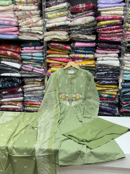 Pure Cotton Hand Embroidered Kurta Set for Women | 3-Piece  Suit in pastel Colors | Comfortable Simple Office Wear