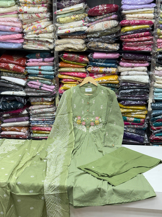 Pure Cotton Hand Embroidered Kurta Set for Women | 3-Piece  Suit in pastel Colors | Comfortable Simple Office Wear
