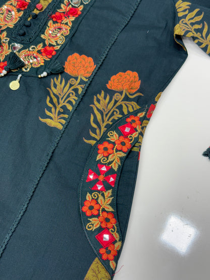 Handblock Printed Cotton 3-Piece Suit Set with Neck Embroidery