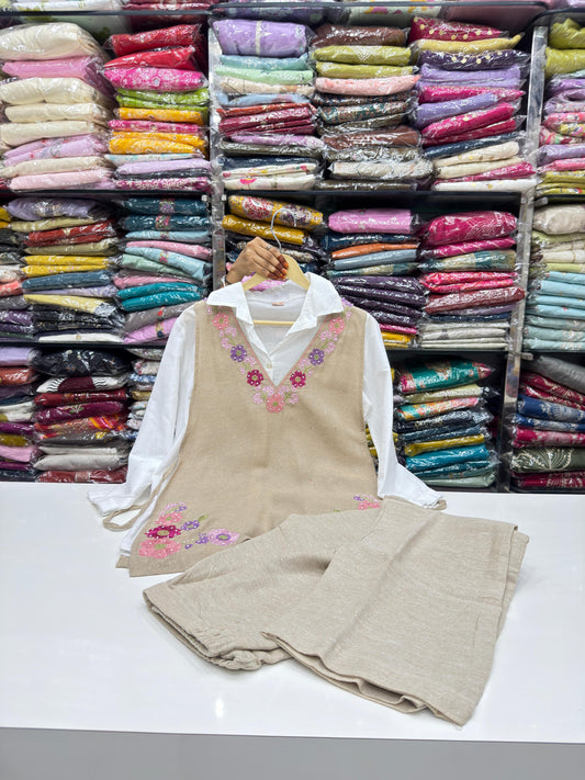 Handcrafted 3-Piece Jute Cord Set |Jute Vest with Floral Embroidery & Matching Bottoms | Eco-Friendly Boho Outfit