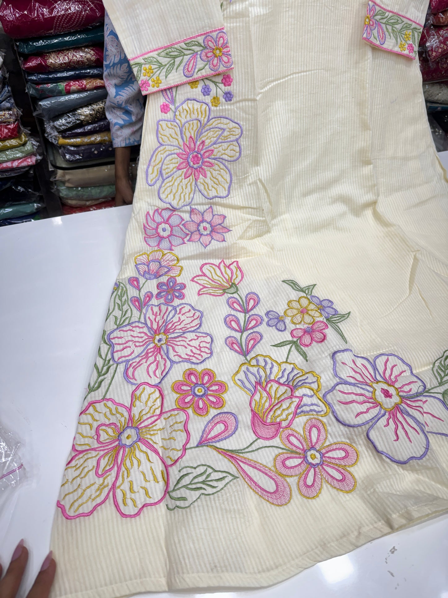 Pastel Pink Self-Texture Mul Cotton 3-Piece Kurta Pant Set with Dupatta & Lining | Floral Thread Work Summer Suit Set