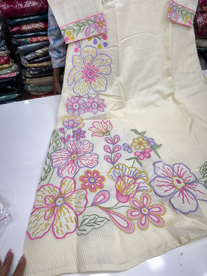 Pastel Pink Self-Texture Mul Cotton 3-Piece Kurta Pant Set with Dupatta & Lining | Floral Thread Work Summer Suit Set