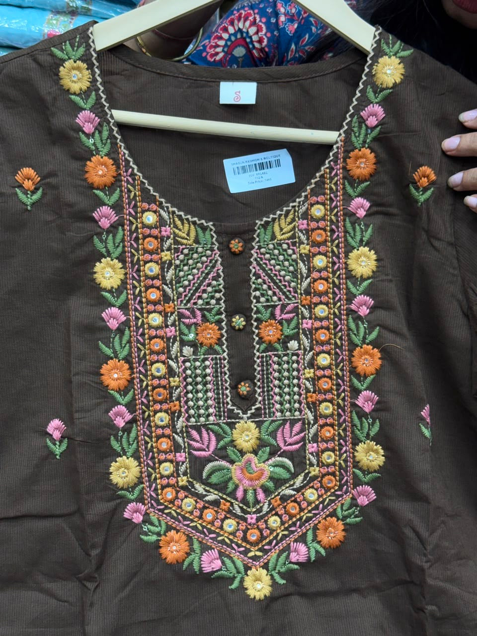 3 piece pure cotton kurta set with colorful hand work detailing all over neck and sleeves