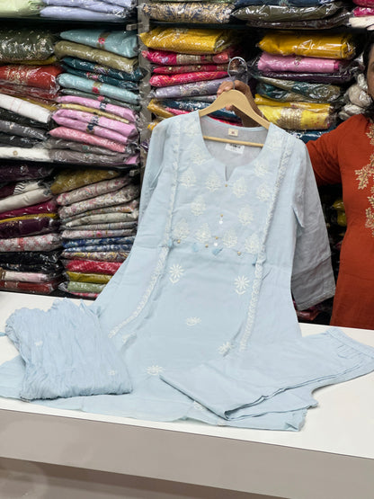 Pure Cotton Hand Embroidered Kurta Set for Women | 3-Piece  Suit with Tassels | Comfortable Simple Office Wear RR1503