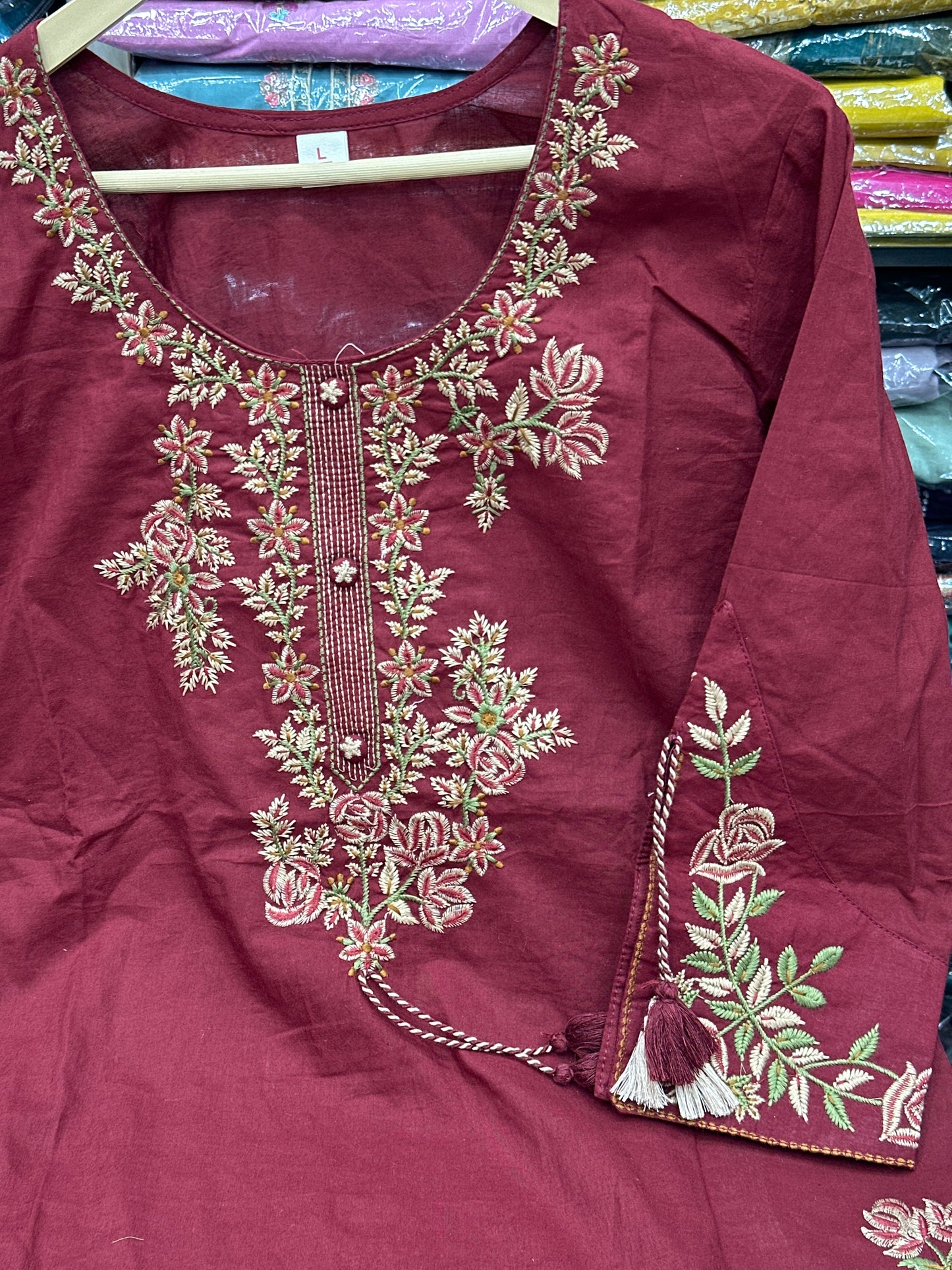 Soft Cotton Semiformal Straight Suit with Heavy Embroidery work on sleeves & Border and bottom