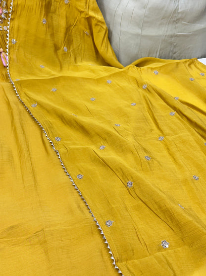Handcrafted Mul Chanderi Mustard A-Line 3-Piece Suit Set with Handwork | Festive & Party Wear