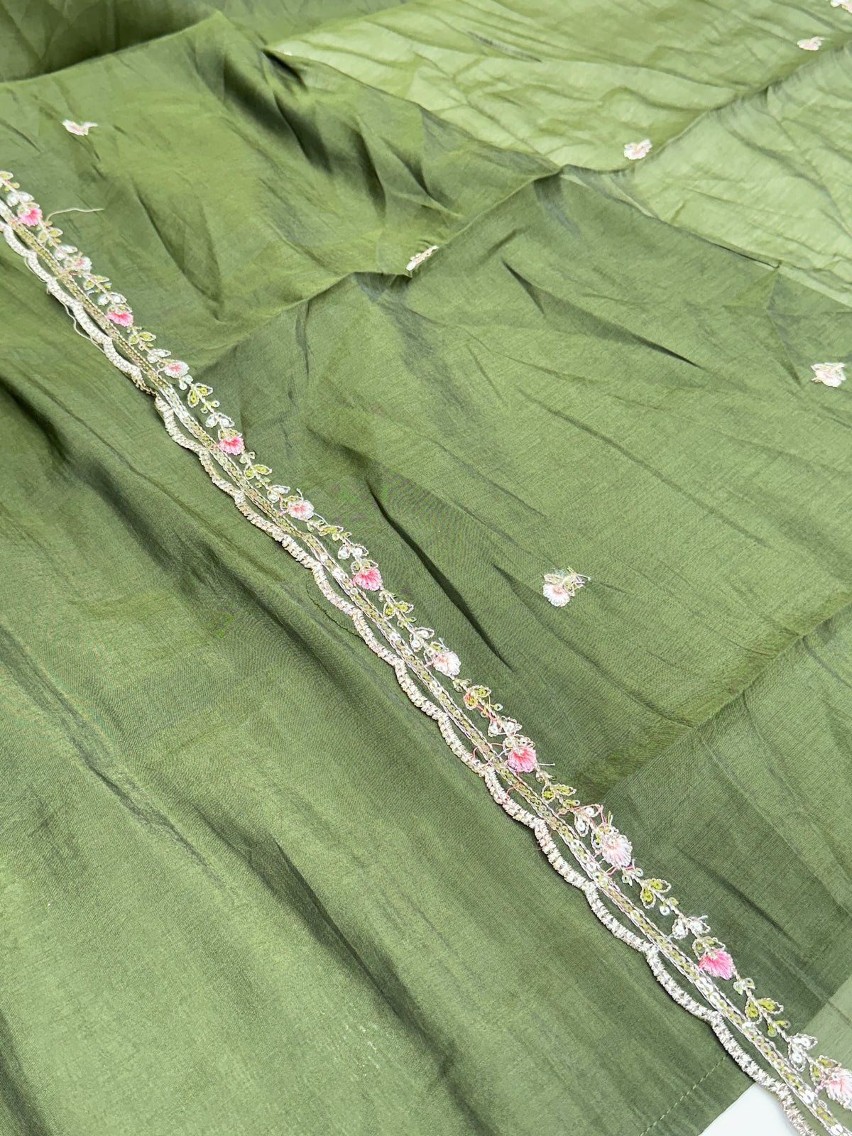 Mul Chanderi 3-Piece Kurta Set in Brown, Mehendi & Green with Thread Work