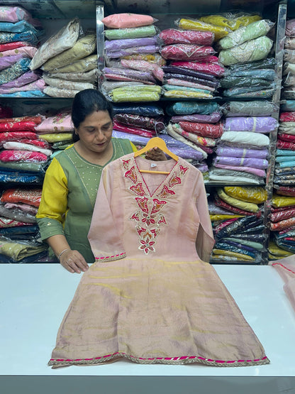 Rose Gold & Green Gold Tissue Kurta Set with Pure Cotton Lining & Handwork