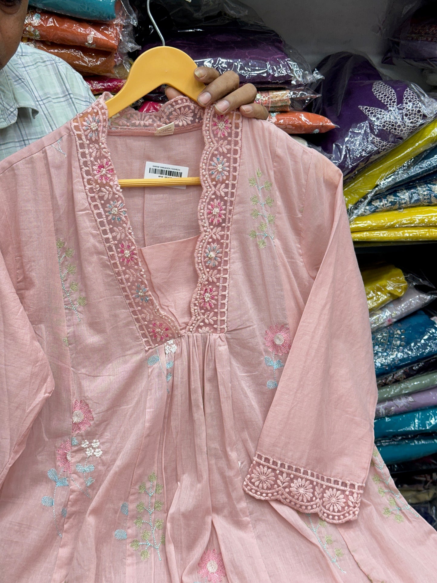 Pastel Pure Mul Cotton Embroidered 3-Piece Kurta Set with Floral Thread Work & Lace Detailing