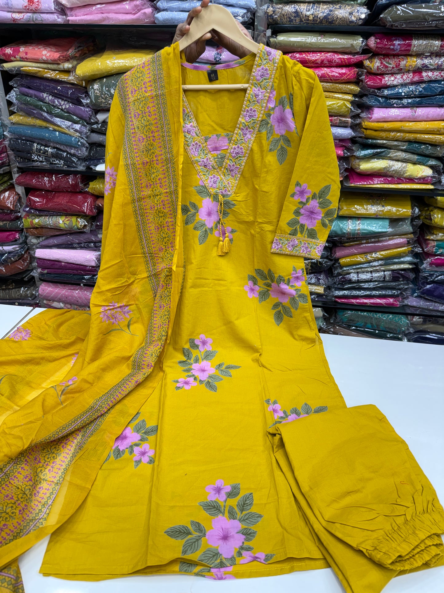 Women's Pure Cotton Floral Printed 3-Piece Kurta Set with Lace Work V-Neck, Loose Pants and Printed Dupatta