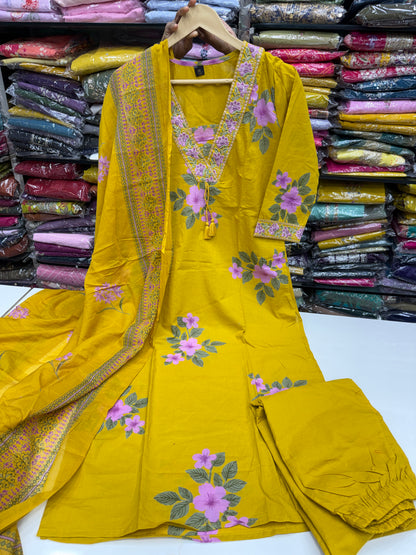 Women's Pure Cotton Floral Printed 3-Piece Kurta Set with Lace Work V-Neck, Loose Pants and Printed Dupatta
