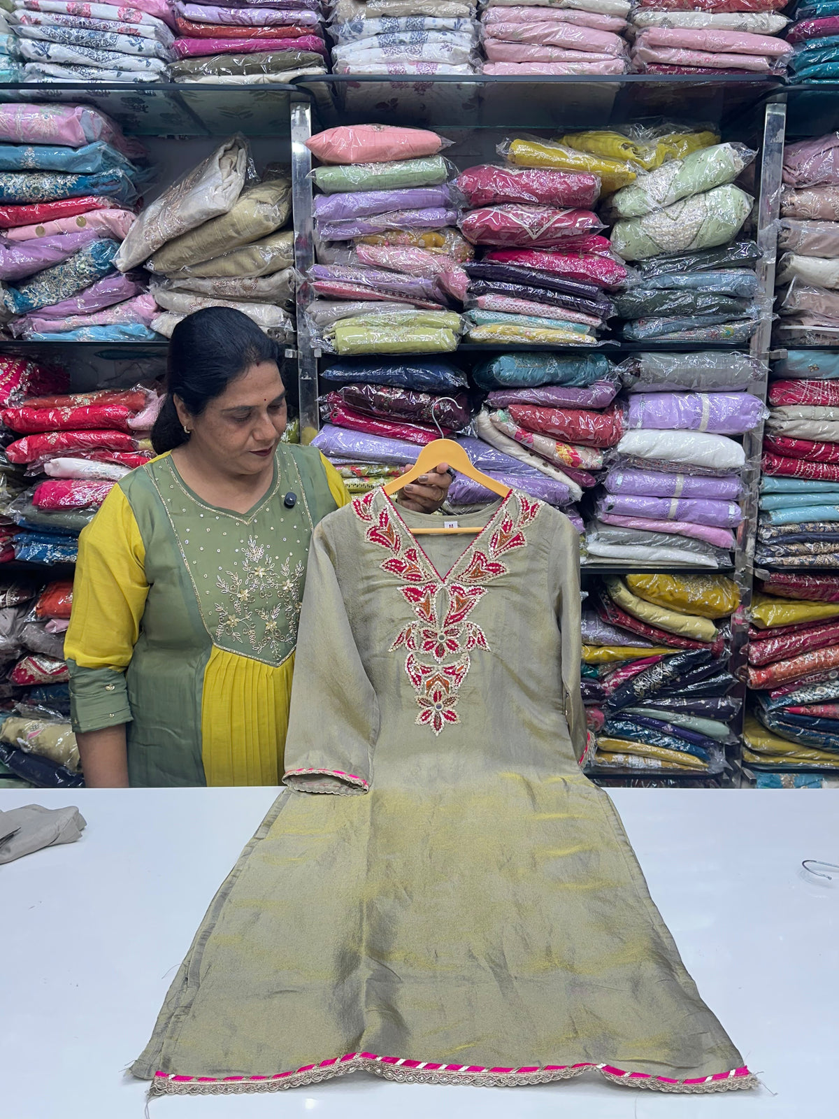 Rose Gold & Green Gold Tissue Kurta Set with Pure Cotton Lining & Handwork