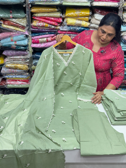 Classy and rich 3 piece kurta set in premium mul cotton fabric with doodle thread work detailing all over the kurta in pista color elegant and comfortable article with lining