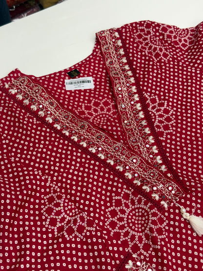 Vibrant Pure Cotton Bandhani Print Kurta Set with Leheriya Dupatta | Sawan Special V-Neck Suit with Lace Work | Comfortable Summer Wear RR1527