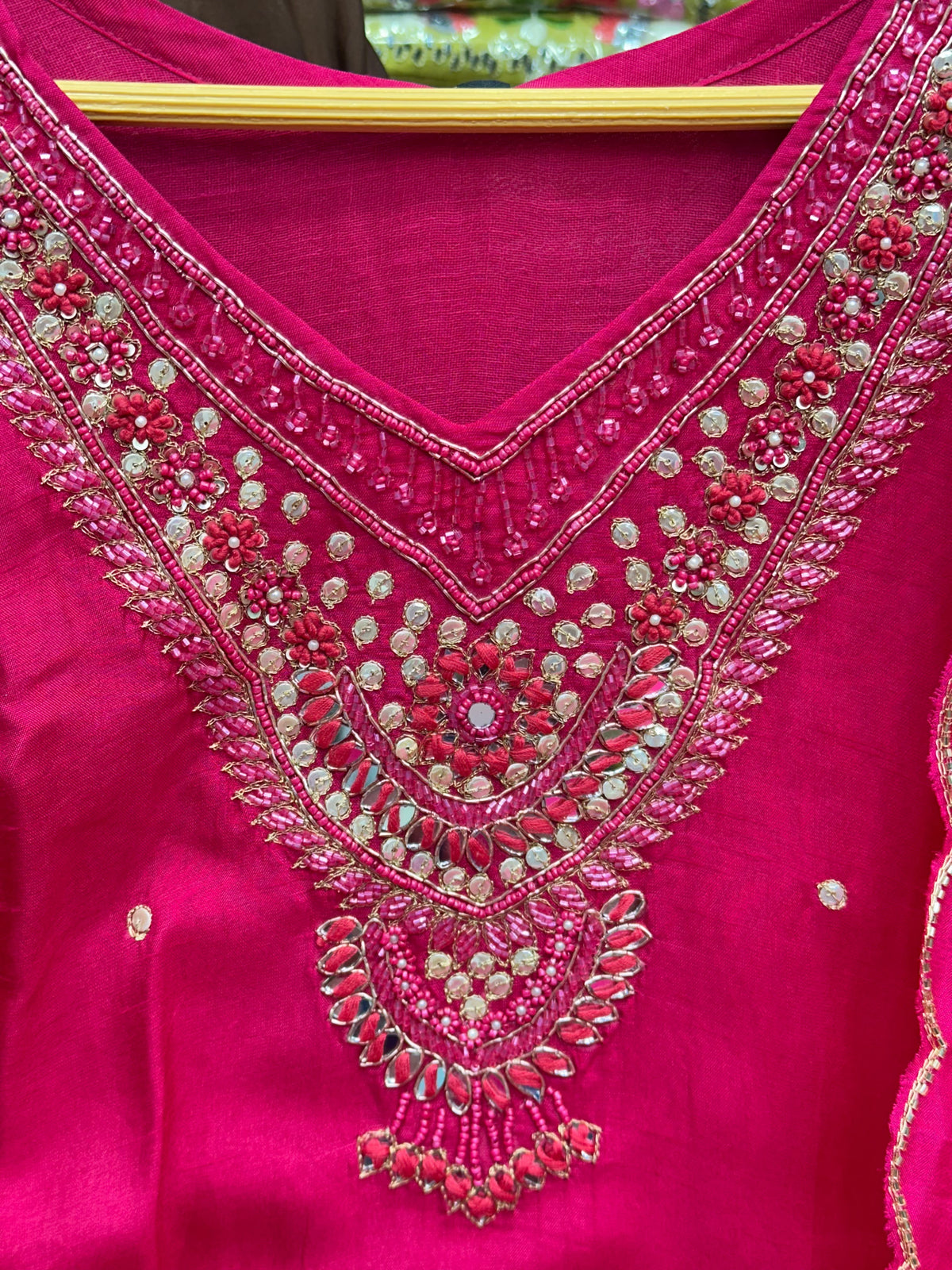 Rani Pink Pure Dola Silk 3-Piece Kurta Set with Handwork & Organza Dupatta