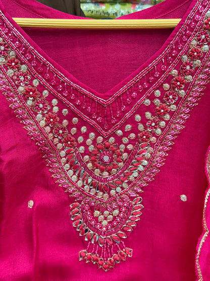 Rani Pink Pure Dola Silk 3-Piece Kurta Set with Handwork & Organza Dupatta