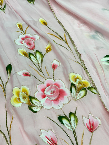 Hand-Painted Mul Chanderi A-Line Kurta Set with Mul Cotton Lining | Festive Party Wear