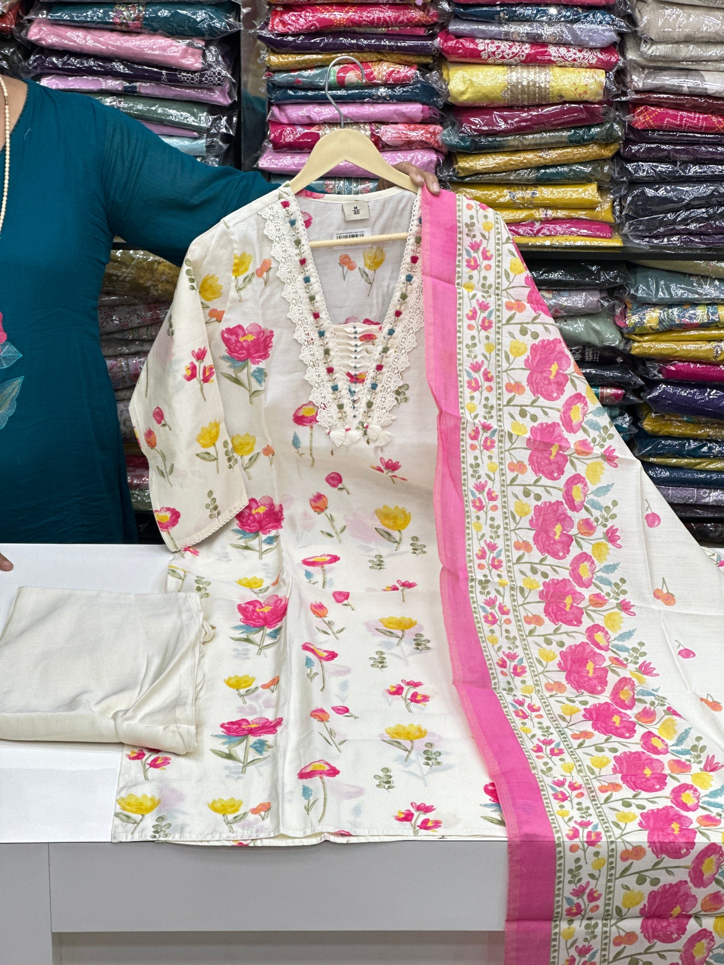 Mul Chanderi Semi Formal Straight Suit With Beautiful Lesh work on Designer Neck And Floral Print Dupatta perfect for festive occasions RR1458