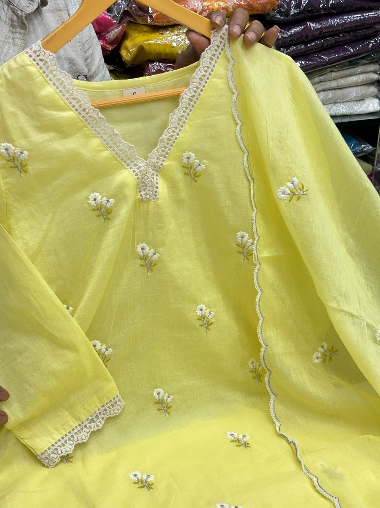 Pure Mul Cotton Embroidered Kurta Set with Lace Work Dupatta & Pants in Pastel Colours