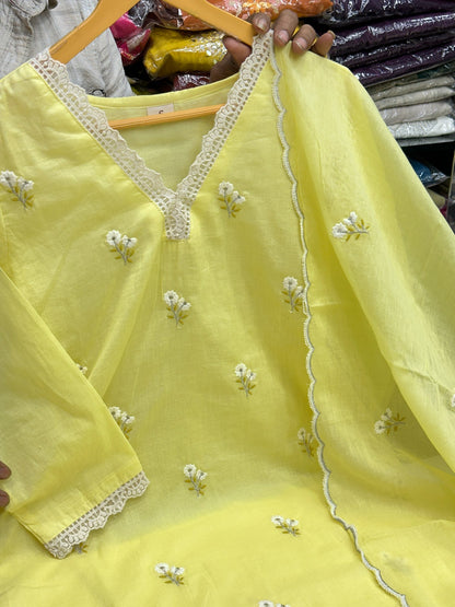 Pure Mul Cotton Embroidered Kurta Set with Lace Work Dupatta & Pants in Pastel Colours
