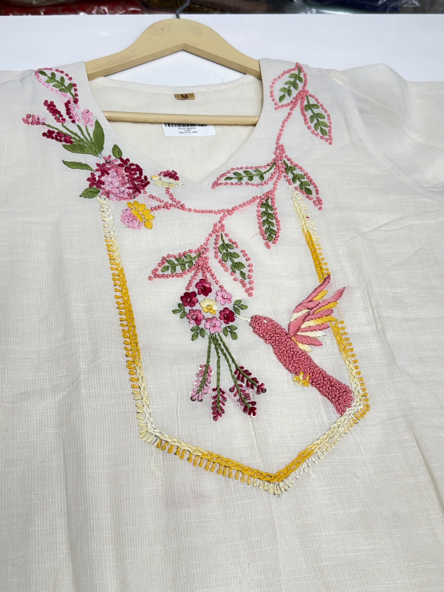 Off-White Doriya Mul Cotton 3-Piece Kurta Set with Parrot Embroidery & Floral Print Dupatta | Premium Summer Ethnic Wear for Women aesthetic article for outgoing