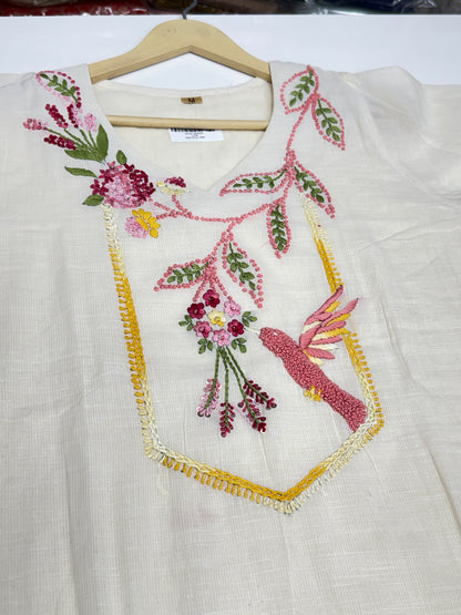 Off-White Doriya Mul Cotton 3-Piece Kurta Set with Parrot Embroidery & Floral Print Dupatta | Premium Summer Ethnic Wear for Women aesthetic article for outgoing