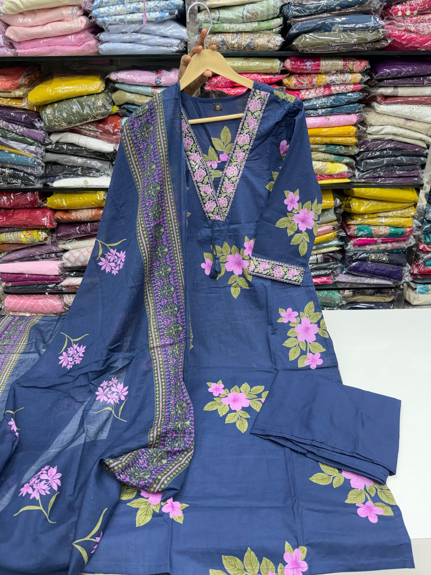 Women's Pure Cotton Floral Printed 3-Piece Kurta Set with Lace Work V-Neck, Loose Pants and Printed Dupatta