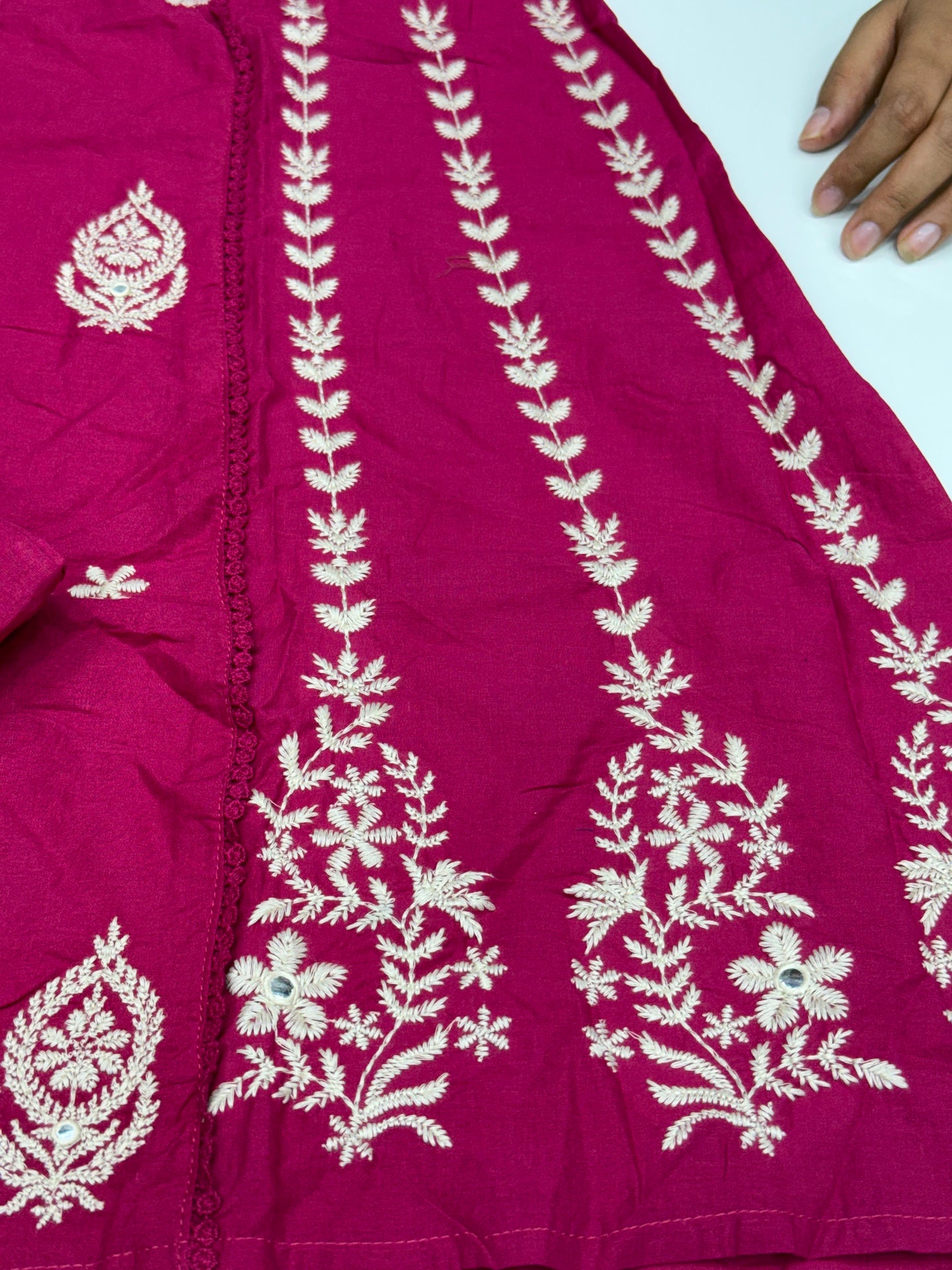 Women's Rani Pink A-Line Cotton Suit with White Lucknowi Embroidery (3-Piece)