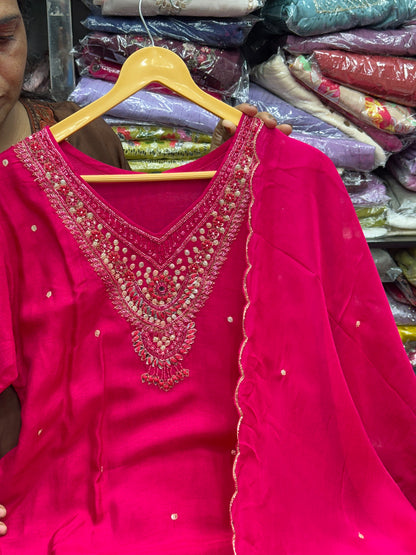 Rani Pink Pure Dola Silk 3-Piece Kurta Set with Handwork & Organza Dupatta