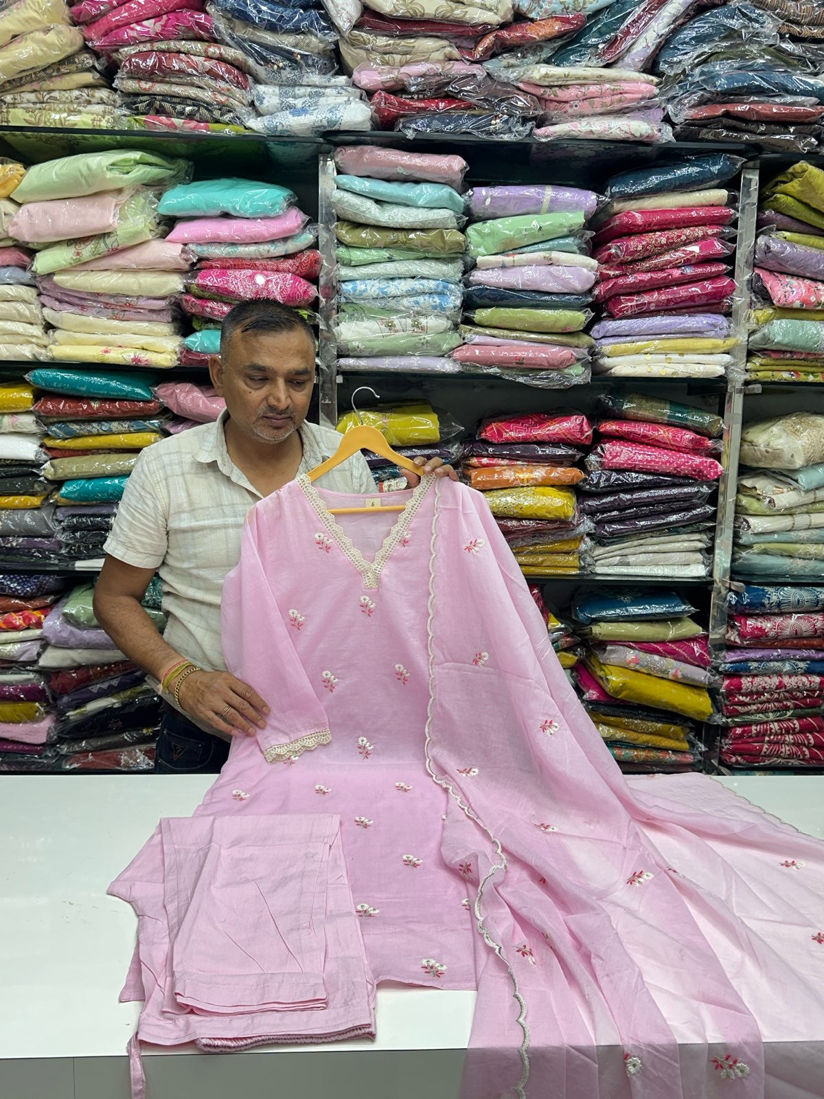 Pure Mul Cotton Embroidered Kurta Set with Lace Work Dupatta & Pants in Pastel Colours