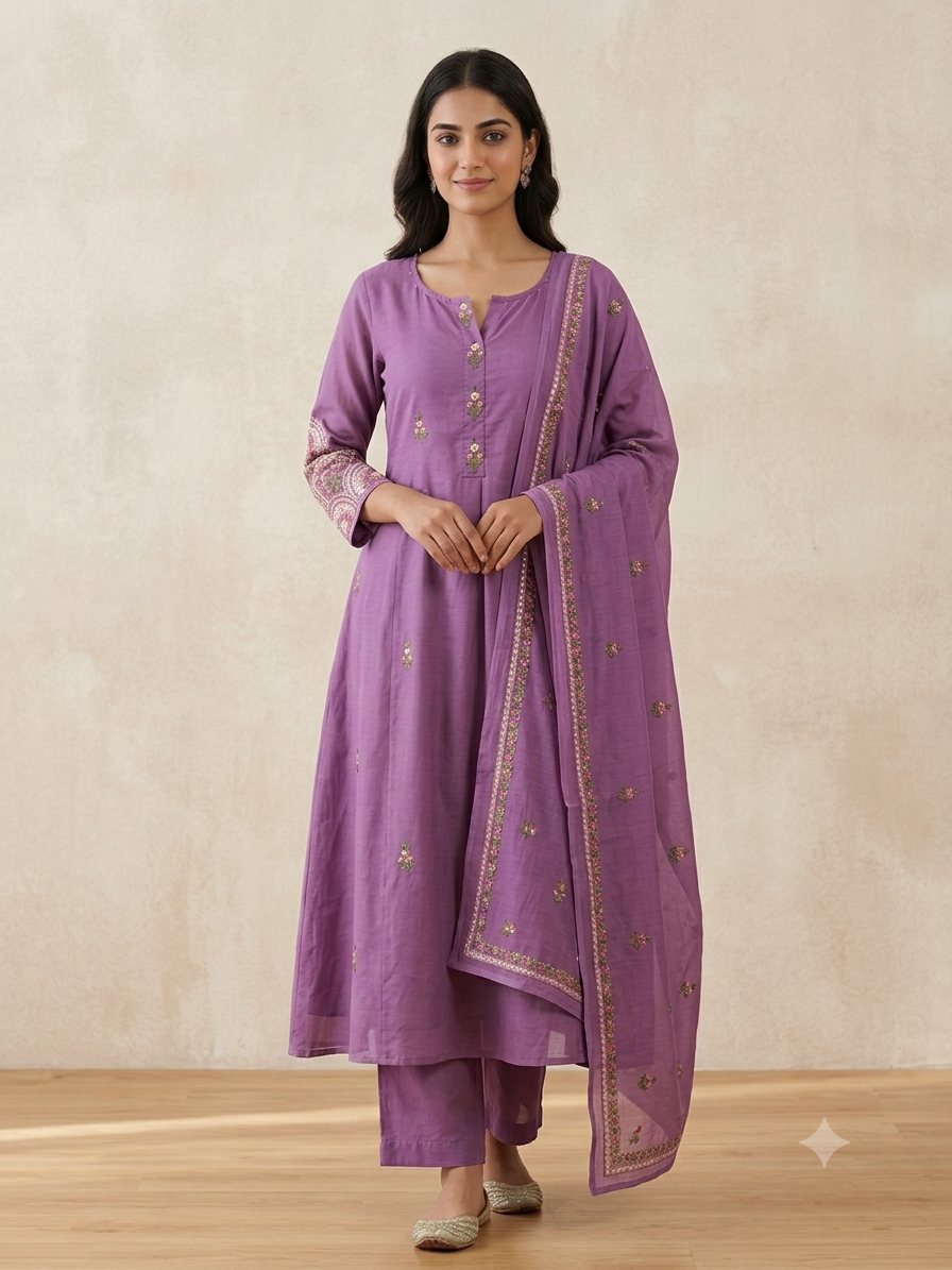 Women's Pure Mulmul Cotton Embroidered A-Line Kurta Set with Lining | Breathable Summer 3-Piece Kurta Pant & Dupatta Suit