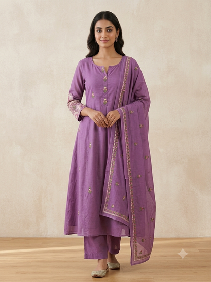 Women's Pure Mulmul Cotton Embroidered A-Line Kurta Set with Lining | Breathable Summer 3-Piece Kurta Pant & Dupatta Suit