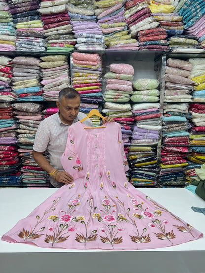 Hand-Painted Mul Chanderi A-Line Kurta Set with Mul Cotton Lining | Festive Party Wear