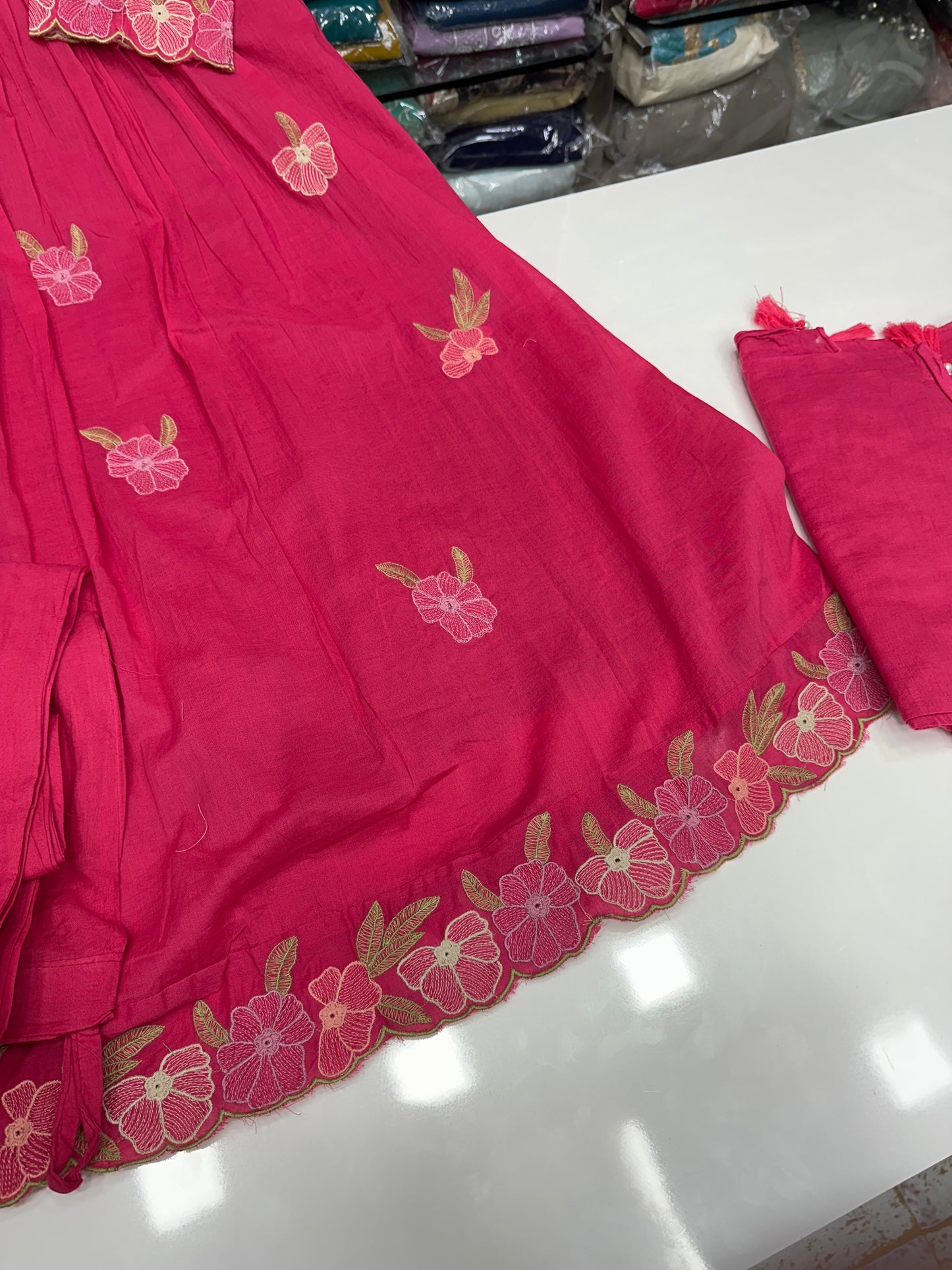Soft Cotton Semiformal A line Suit with Heavy Embroidery work on sleeves and Border