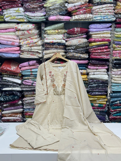 Pure Cotton Hand Embroidered Kurta Set for Women | 3-Piece  Suit in pastel Colors | Comfortable Simple Office Wear