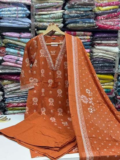 Women's Pure Cotton Floral Printed 3 Piece Kurta Set | V-Neck Straight Kurti with Pant and Dupatta RR1499