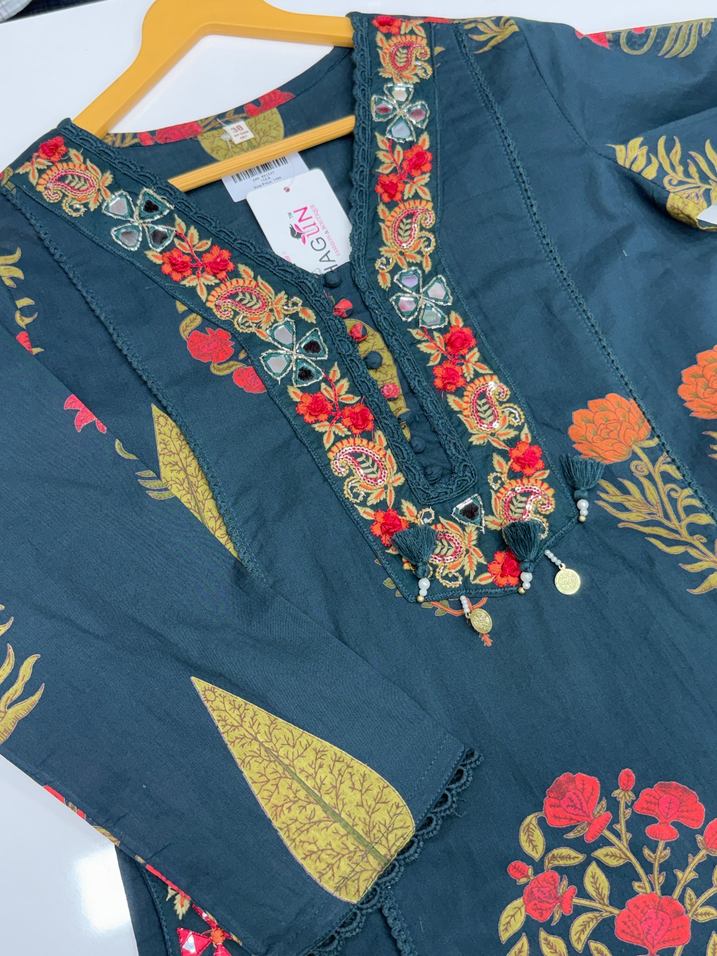 Handblock Printed Cotton 3-Piece Suit Set with Neck Embroidery