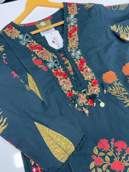 Handblock Printed Cotton 3-Piece Suit Set with Neck Embroidery
