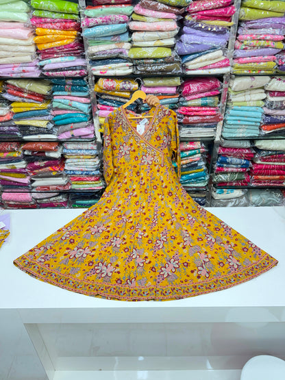 Pure Cotton Mustard Yellow Jaipuri Floral Printed Angrakha Anarkali Kurta Set with Pants & Dupatta (3-Piece)